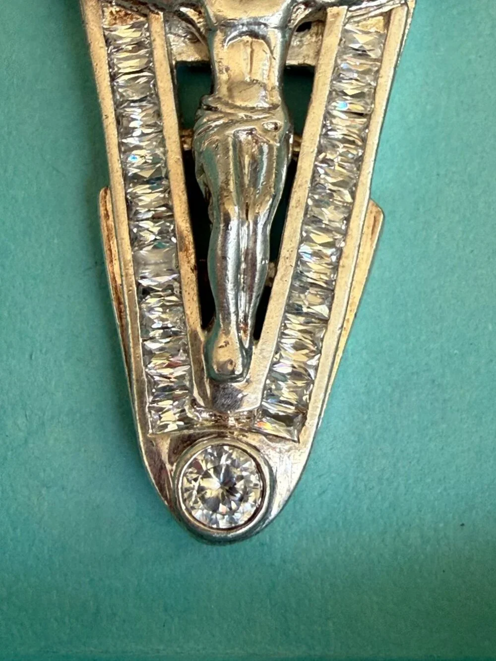 Vintage Large 925 Sterling Silver Jesus Crucifix Cross Pendant CZ Baguette